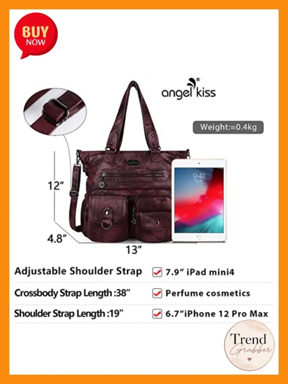 PU Faux Leather Satchel Handbag with Adjustable Shoulder Strap